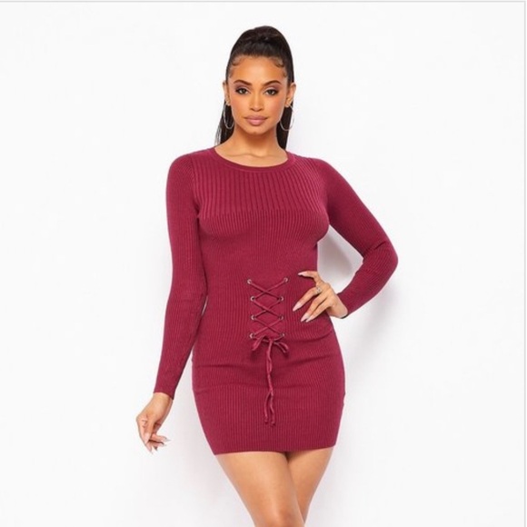 LONG SLEEVE OLIVE GREEN RIBBED SWEATER KNIT FRONT LACE UP WAIST BELT MINI DRESS - Picture 5 of 5